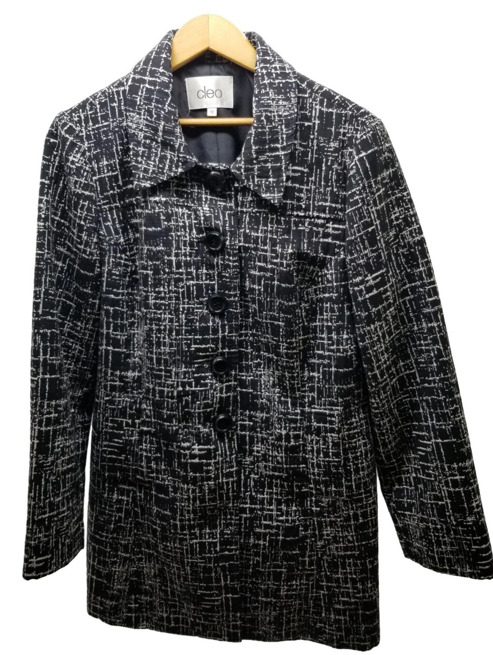 cleo Black & White Textured Plaid Pea Coat Size 12